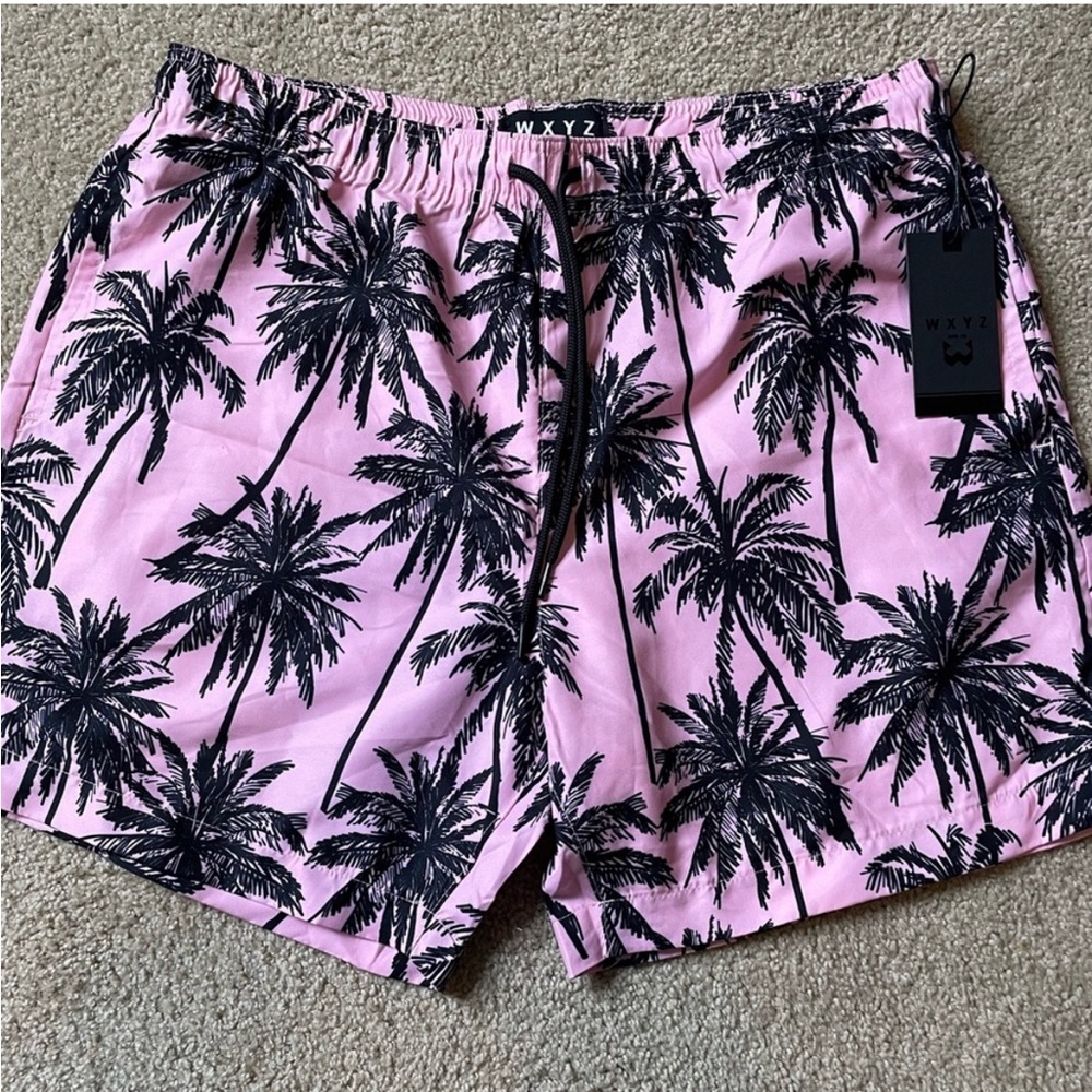 NWT Men WXYZ Pink Palm Tree Bathing Suit Shorts, Sz Lg